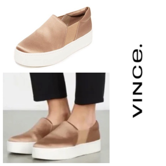 Vince Warren Platform Sneaker Shoes Loafers Sz 9 Tan Gold Satin Fawn Slip On - Picture 1 of 11